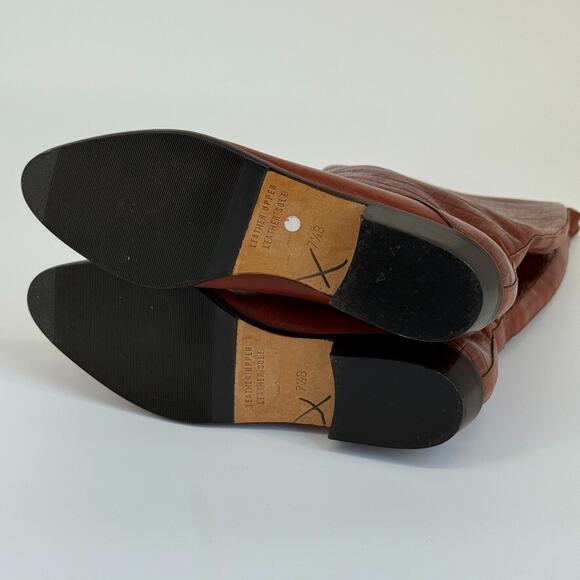 Vtg Saks Fifth Avenue Boots Sz 7.5 Brown Leather Tall Riding Flat Croc Embossed - Picture 7 of 12